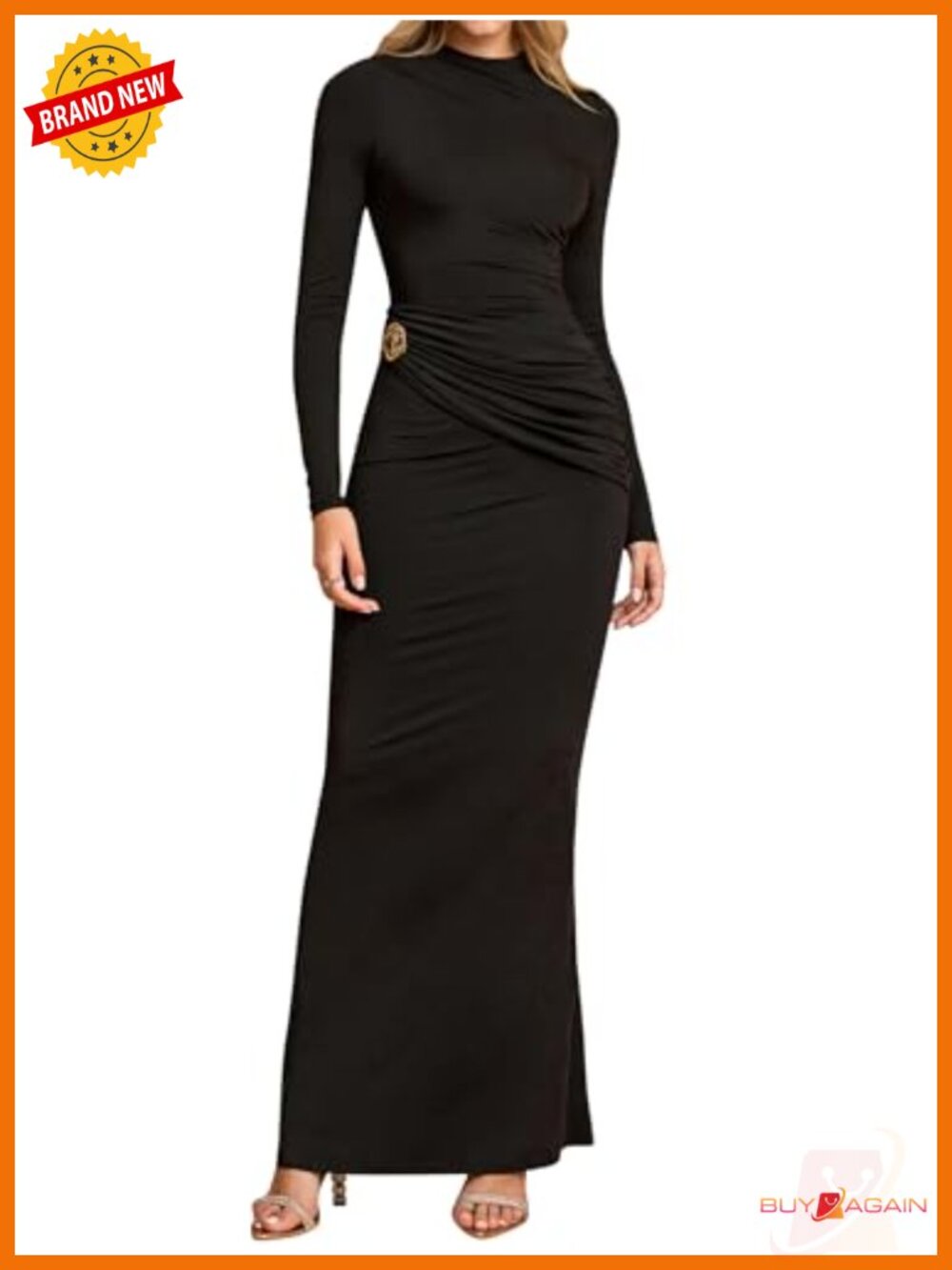 Long Sleeve Bodycon Maxi Dress Ruched Mock Neck Formal Wedding Guest